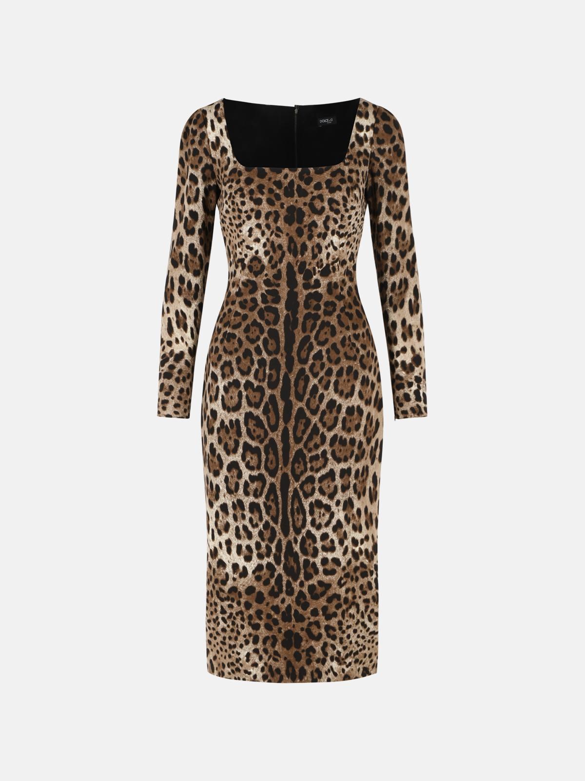 Dolce & Gabbana Leo Print Stretch Viscose Dress In Brown