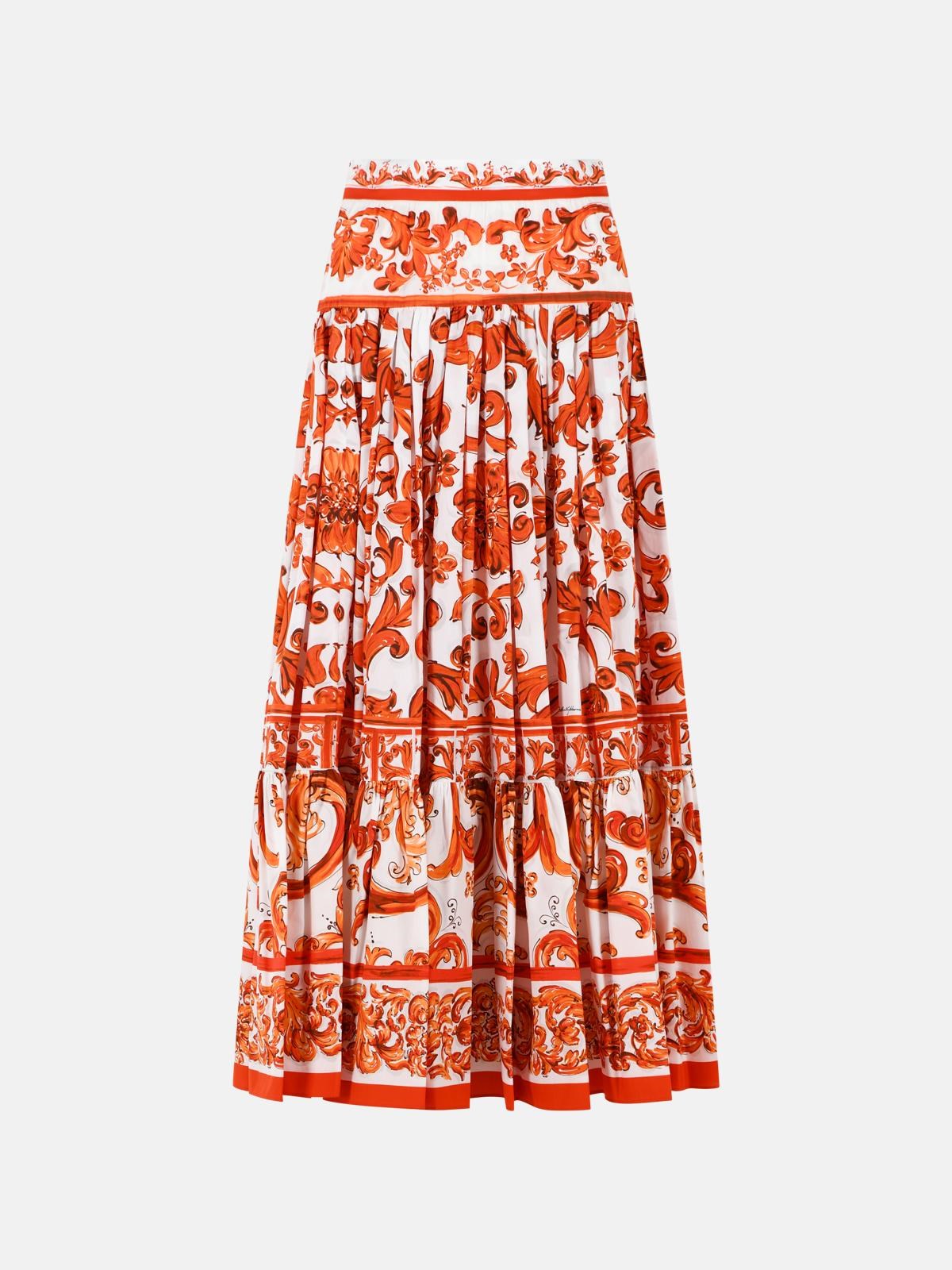 Dolce & Gabbana Long Skirt In Majolica Print Cotton Poplin In Orange