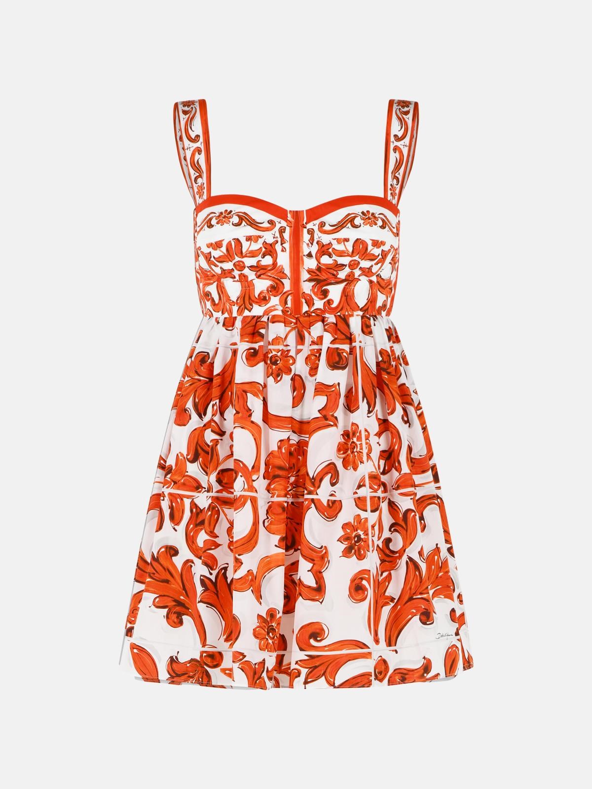 Dolce & Gabbana Short Dress In Majolica Print Cotton Poplin In Orange
