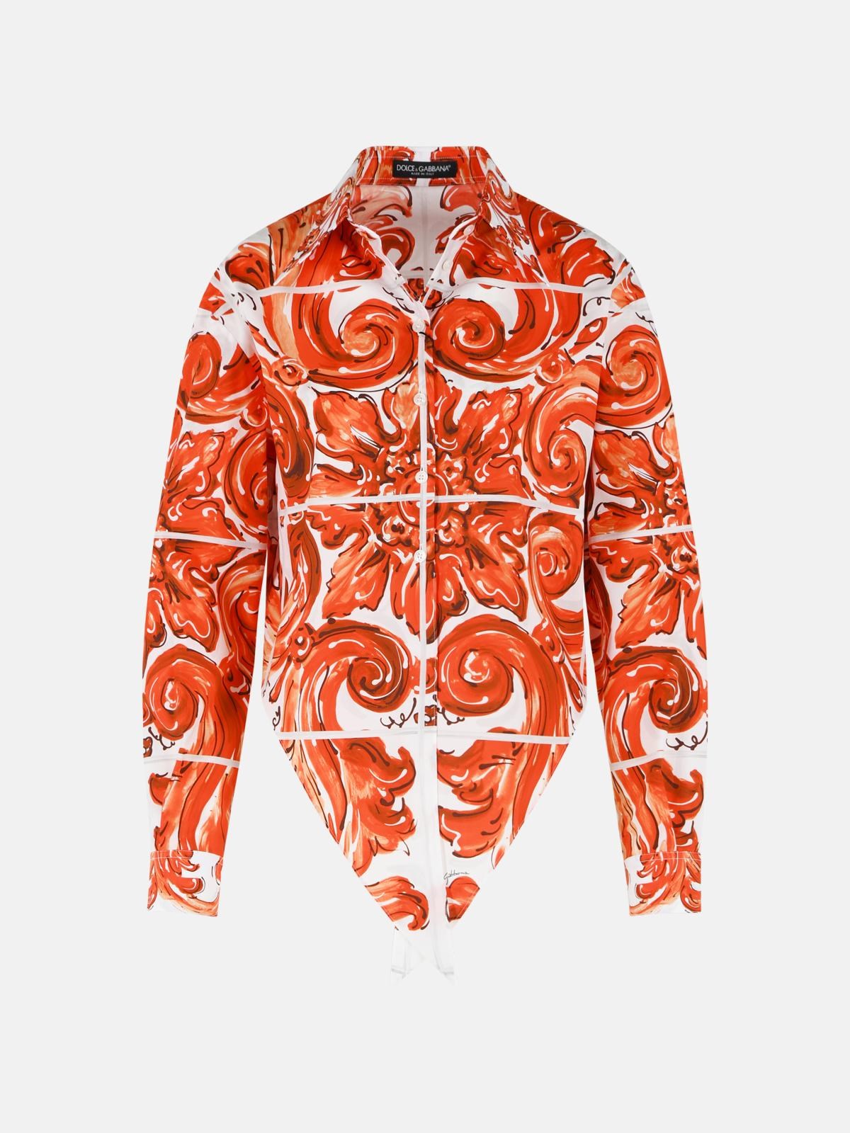 Dolce & Gabbana Majolica Print Cotton Poplin Shirt In Orange