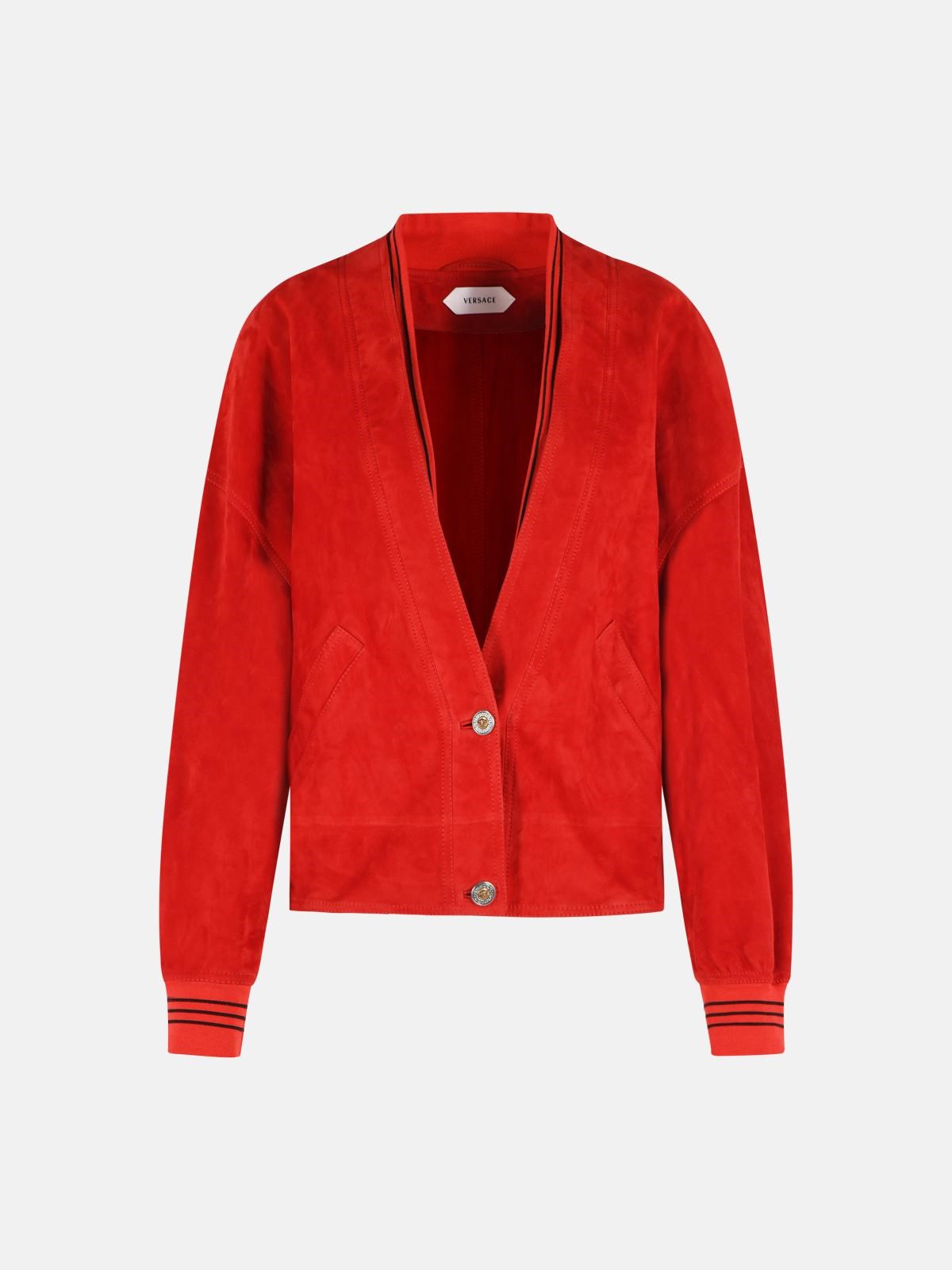 Versace Suede Bomber Jacket Ribbed Collar Cuffs In Red