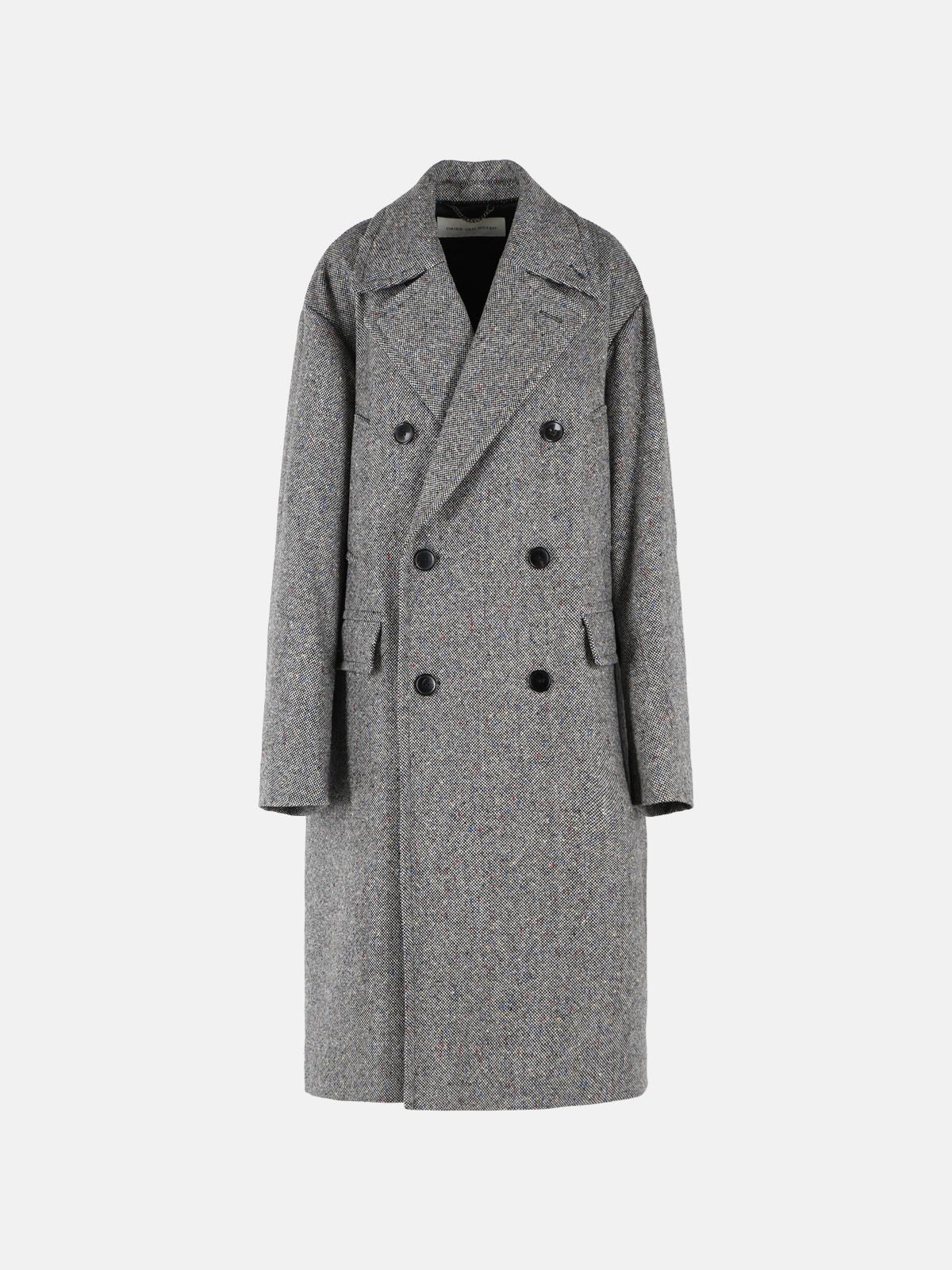 Dries Van Noten Double-breasted Grey Wool Coat With Multicolored Check Pattern In Grey