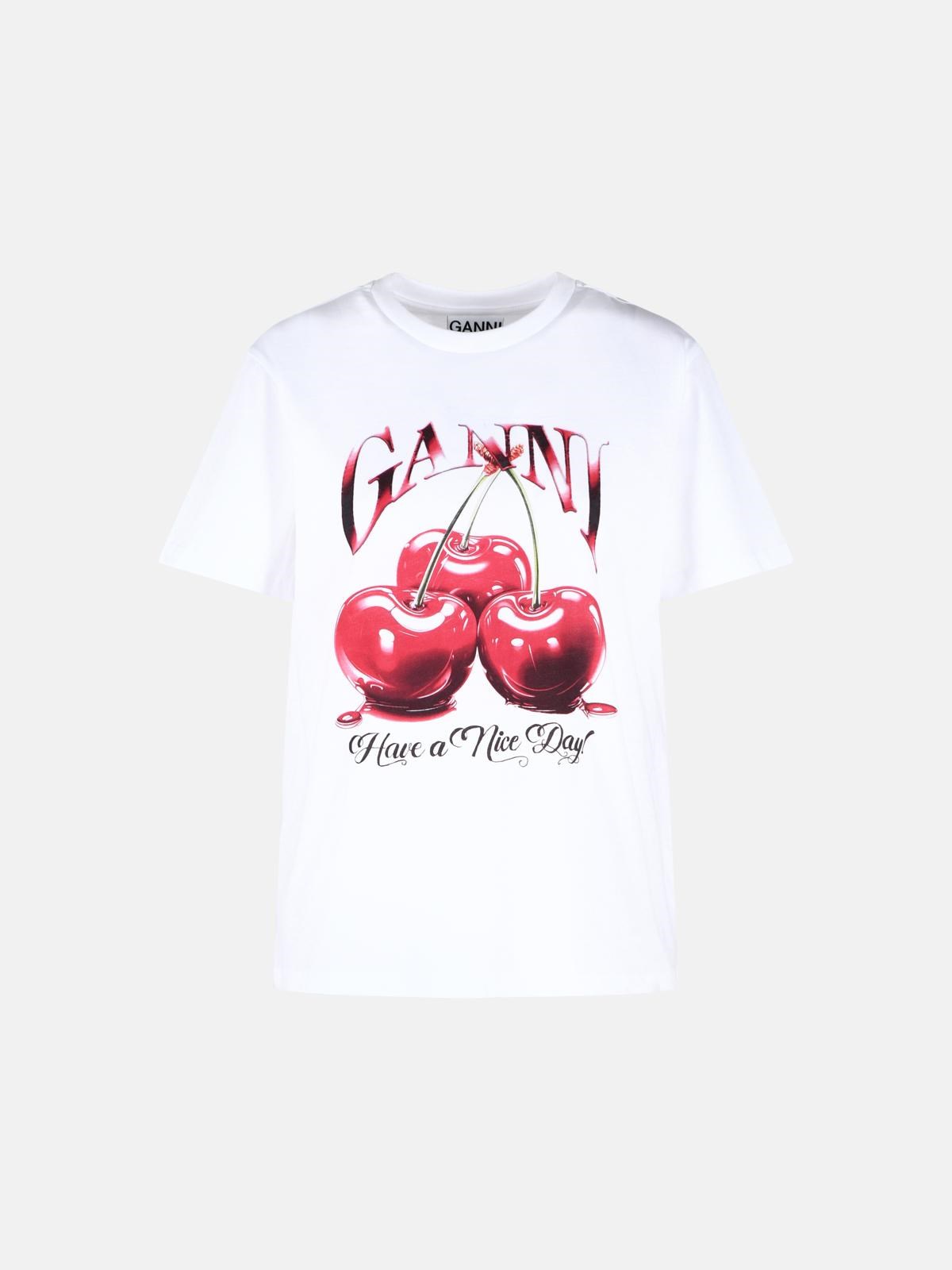 GANNI 'Cherry' White Cotton T-Shirt　GANNI チェリー ホワイト コットン T シャツ GANNI