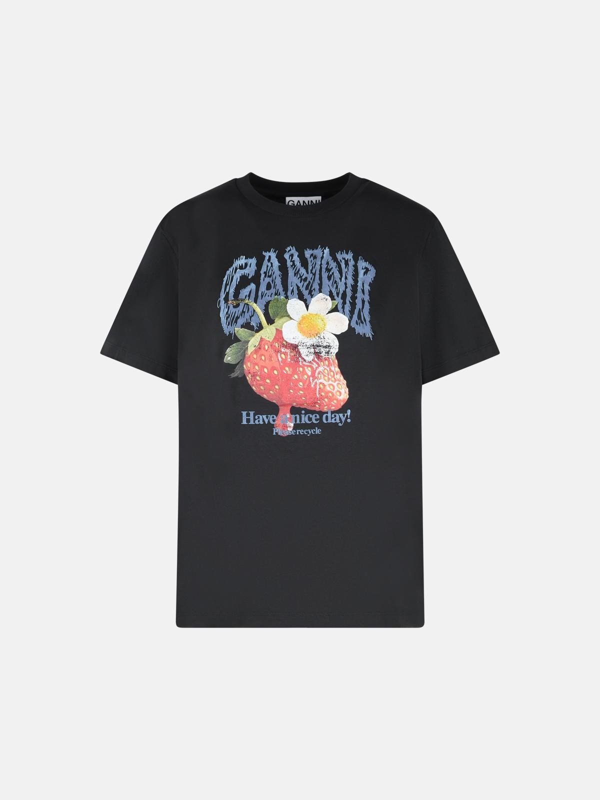 GANNI Strawberry T-Shirt In Black Cotton　GANNI ストロベリー T シャツ ブラック コットン GANNI