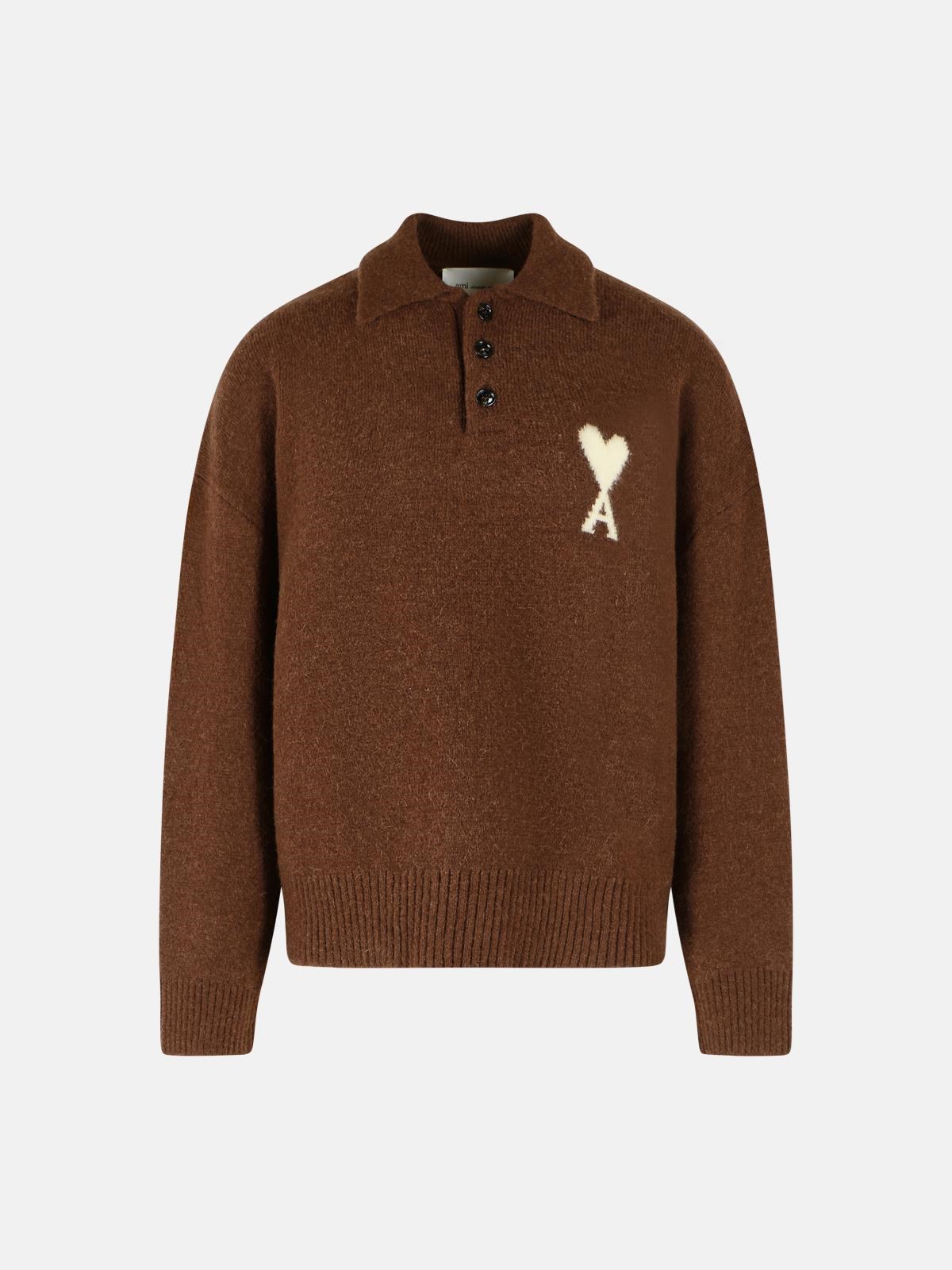 AMI PARIS 'Ami De Caur' Chocolate Brown Alpaca Polo Shirt