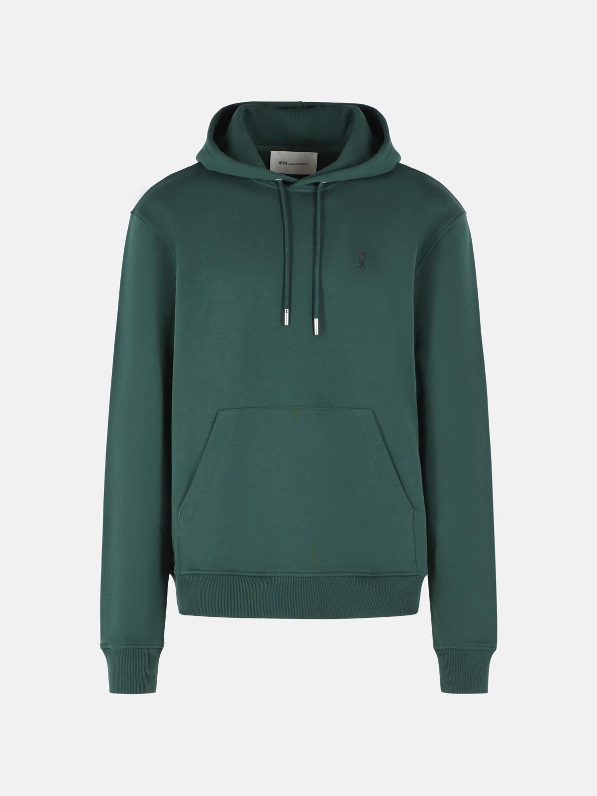 Ami Alexandre Mattiussi Deep Green Pullover Hoodie With Adjustable Drawstring In Green