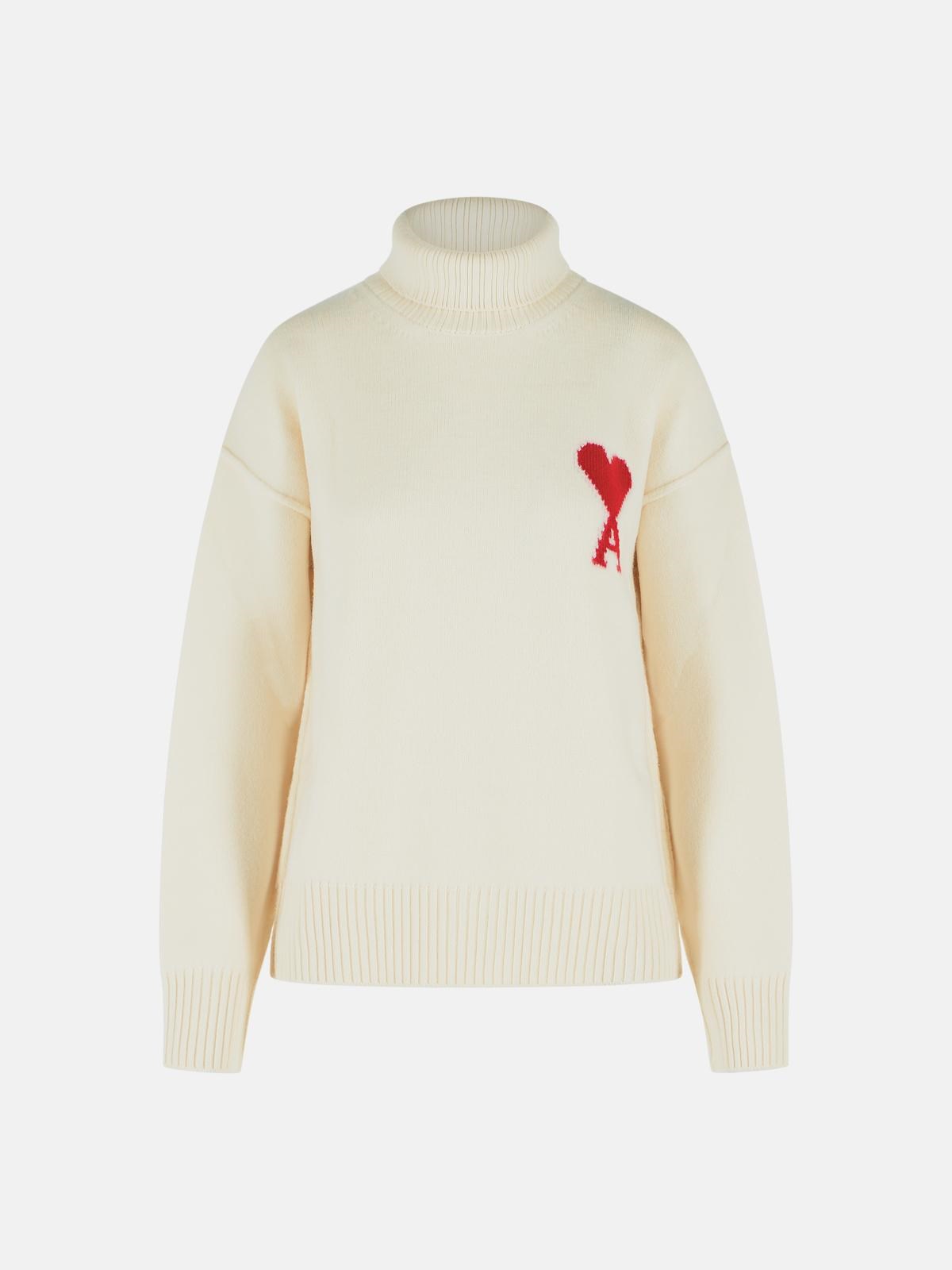 AMI PARIS Ivory White Virgin Wool Turtleneck Sweater