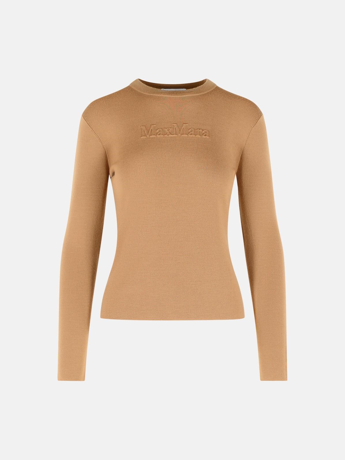 MAX MARA 'Manto' Wool Yarn Sweater With Brown Embossed Logo