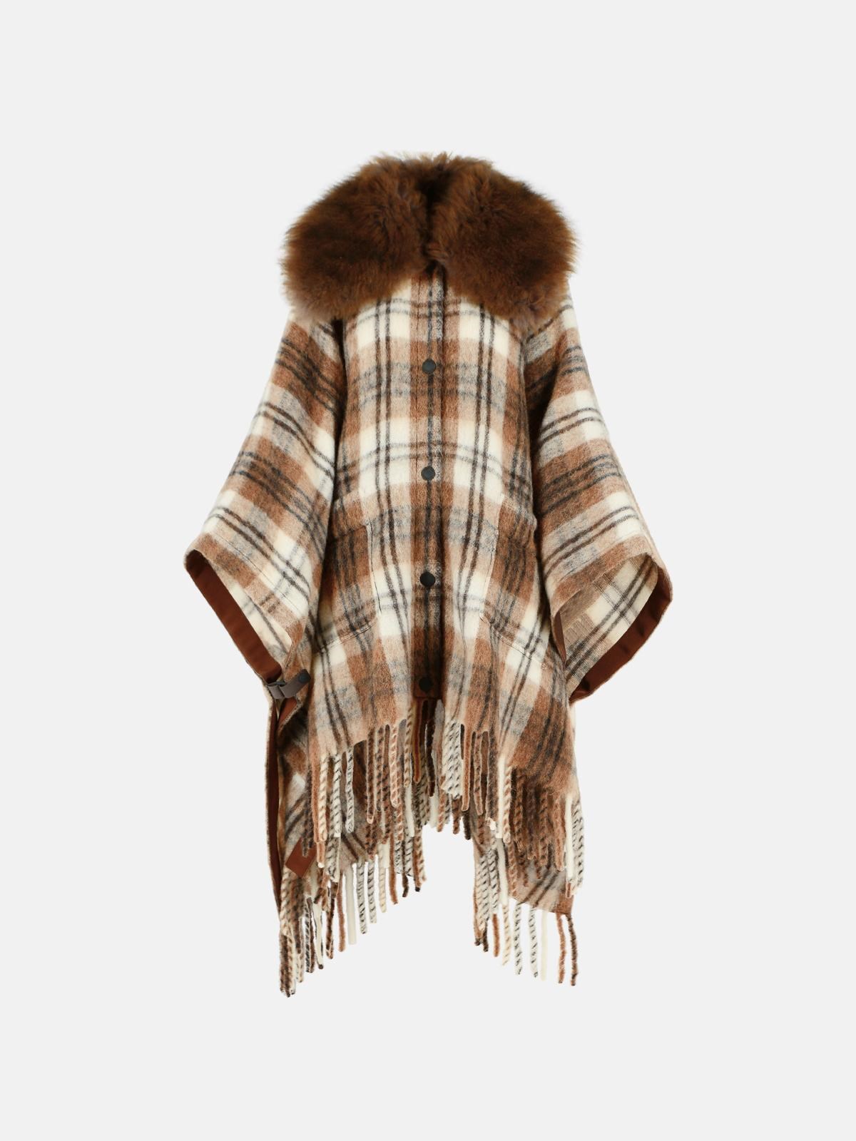 MONCLER GRENOBLE Wool Blend Cape With Brown And White Shearling, Mohai