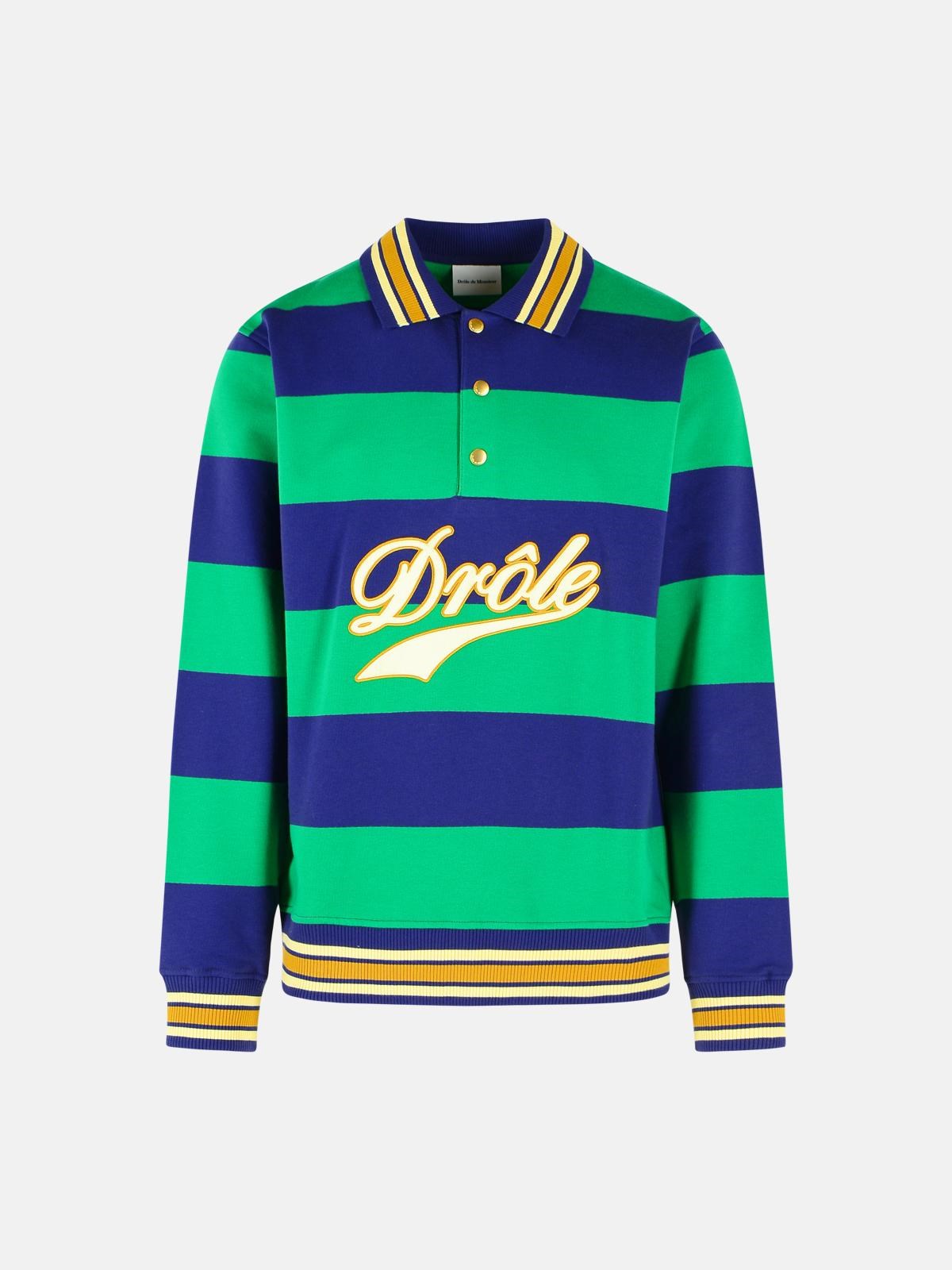 DROLE DE MONSIEUR 'Drôle Embroidered Stripes' Green Cotton Polo Shirt
